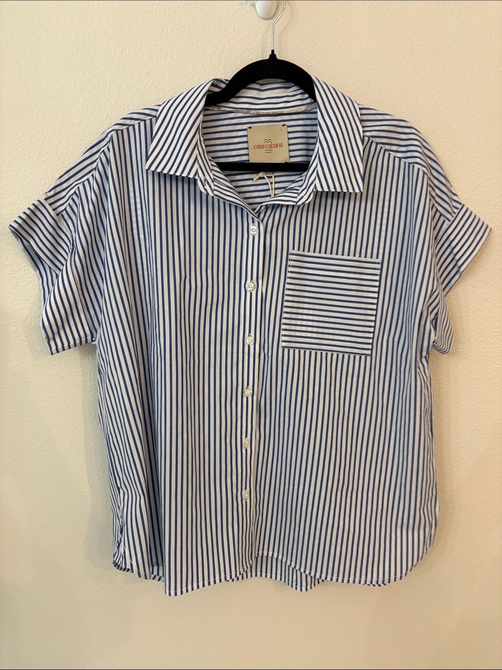 Casa Cabana Blue & White Striped Short-Sleeve Button-Down Shirt size L NWT